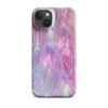 iPhone 15 Plus case with a mesmerizing swirl of pink, purple, and silver colors, resembling a cosmic nebula.