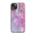 iPhone 15 Plus case with a mesmerizing swirl of pink, purple, and silver colors, resembling a cosmic nebula.