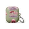 Magic Mushroom AirPods case for 1st and 2nd Generation, featuring whimsical pink and purple mushrooms on a green background with a carabiner clip