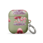 Magic Mushroom AirPods case for 1st and 2nd Generation, featuring whimsical pink and purple mushrooms on a green background with a carabiner clip