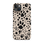 iPhone 15 Plus case with black paw print patterns on a beige background, offering stylish protection for dog lovers.