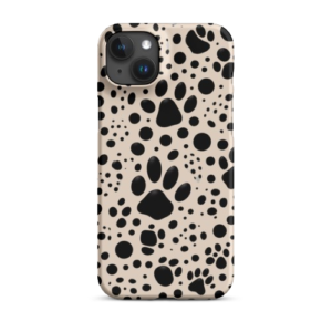 iPhone 15 Plus case with black paw print patterns on a beige background, offering stylish protection for dog lovers.