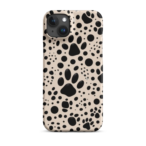 iPhone 15 Plus case with black paw print patterns on a beige background, offering stylish protection for dog lovers.